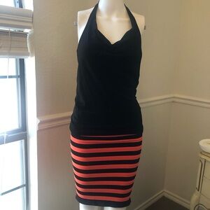 Bebe Halter neck mini skirt dress! Black & Neon Stripe! Small